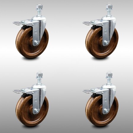Service Caster 5 Inch SS High Temp Phenolic 1/2 Inch Threaded Stem Caster Set Total Lock Brake SCC-SSTSTTL20S514-PHSHT-121315-4